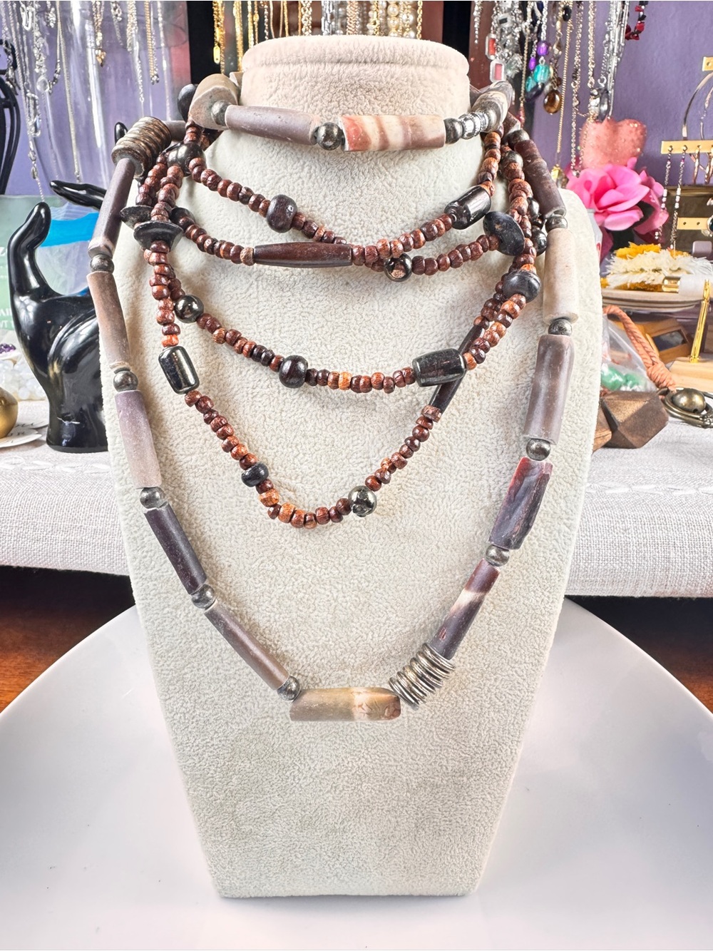 Multi-Strand Brown Beaded Women’s Necklace’s Bracelet Set